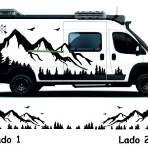 Mountain camper stickers with strip of pine trees and two eagles