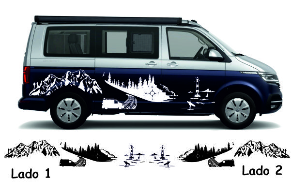 Stickers camper paisaje mar y montaña con deportes de aventura brújula y  furgoneta